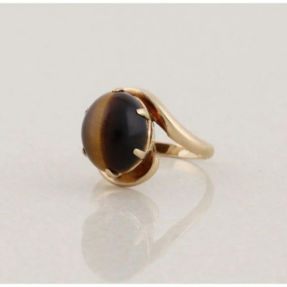 14k Yellow Gold Natural Tigers Eye Ring Size 7 1/2 - Picture 5 of 9